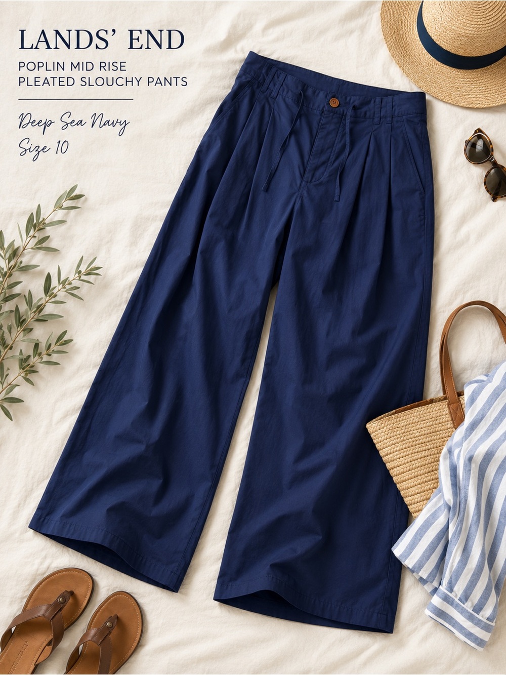 Lands' End Poplin Mid Rise Pleated Slouchy Pants Deep Sea Navy Wide Leg Size 10 - Picture 2 of 7